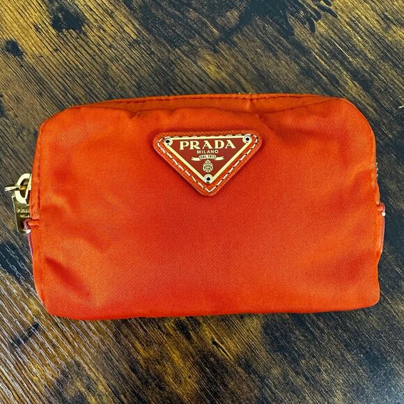 Prada Tessuto Nylon Mini Cosmetics Pouch Bag Orange - Picture 1 of 15